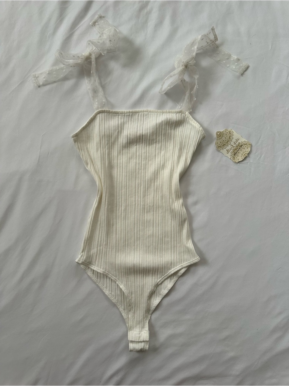 Ribbed White Tie-Shoulder Bodysuit